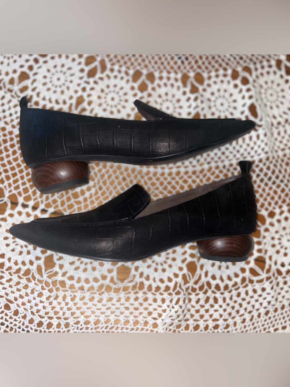Jeffrey Campbell Black Croc-Embossed Pointed Toe with Wooden Round Heel Loafers